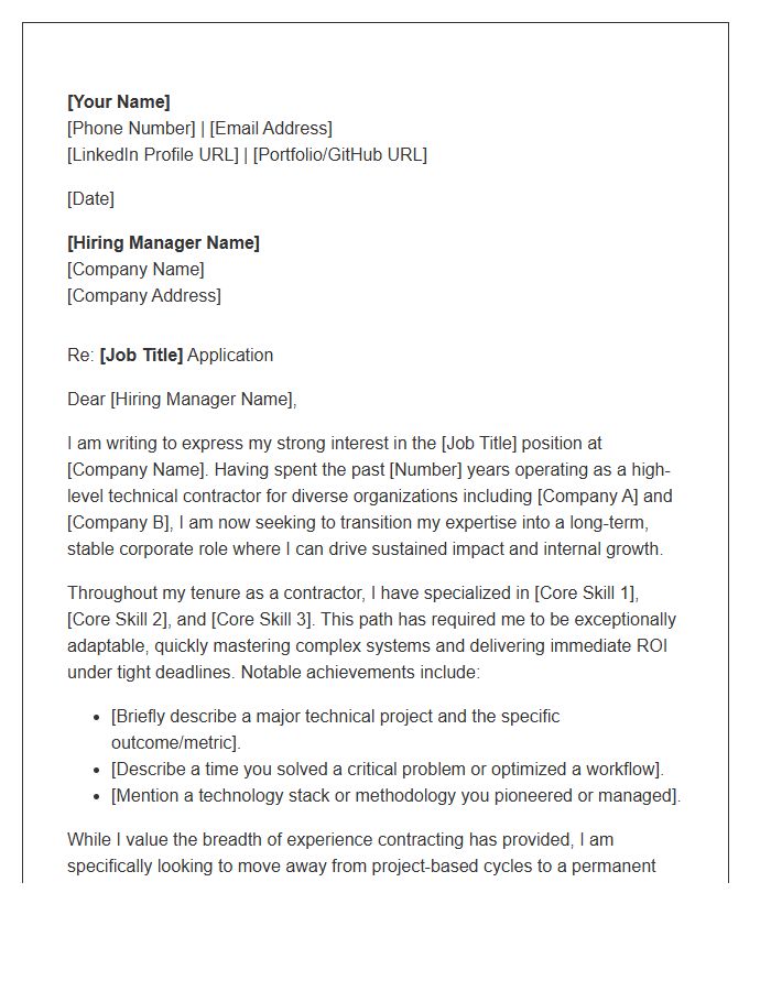Technical Contractor Seeking Stable Corporate Role Cover Letter Template
