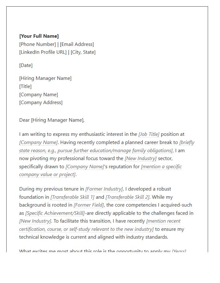 Career Restarter New Industry Focus Cover Letter Template