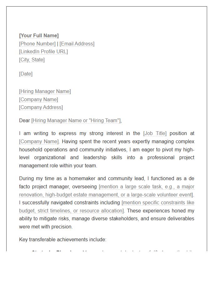 Homemaker To Project Management Transition Cover Letter Template