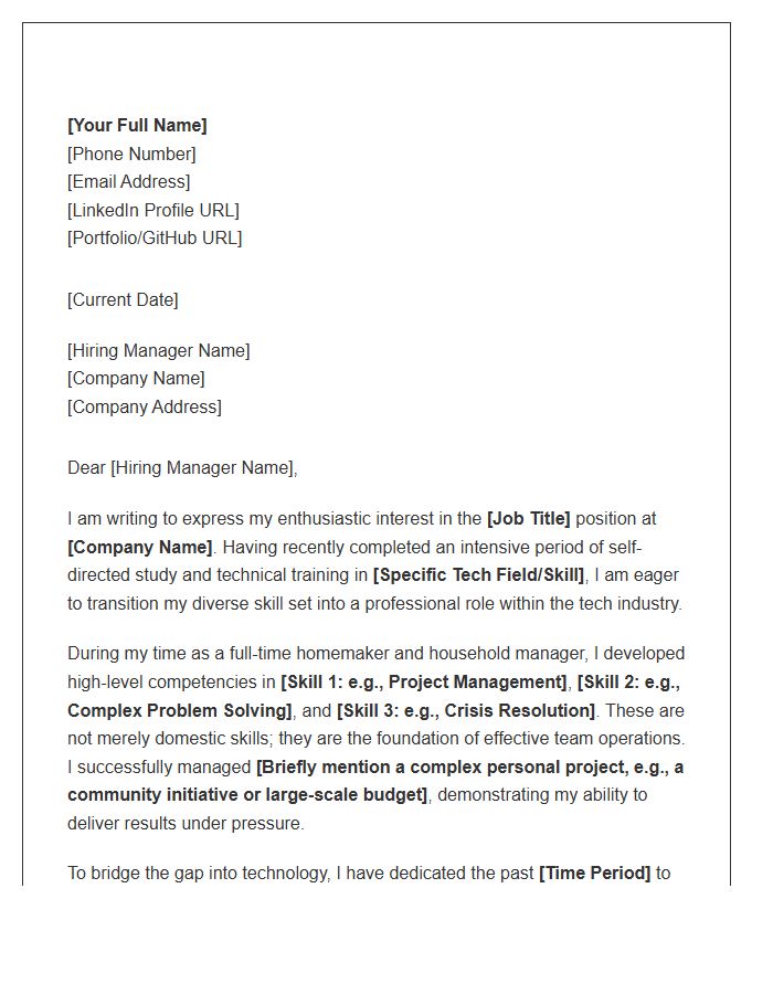 Homemaker Transitioning To Tech Industry Cover Letter Template