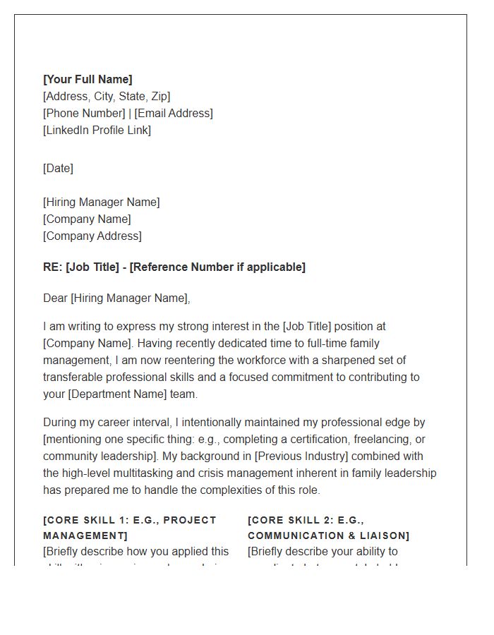 Parent Reentering Workforce Skills Based Cover Letter Template