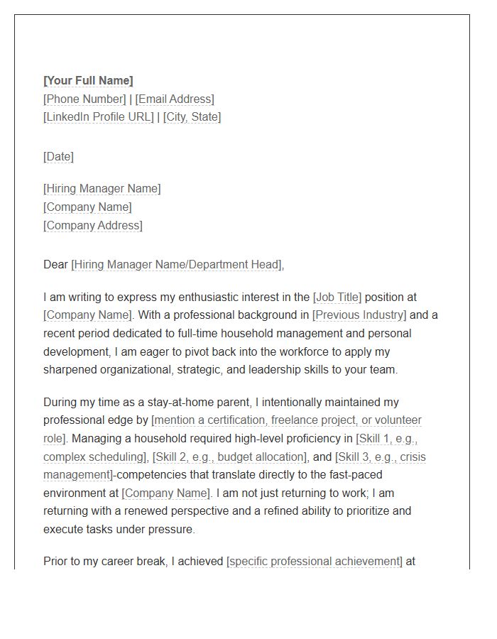 Stay At Home Parent Professional Pivot Cover Letter Template