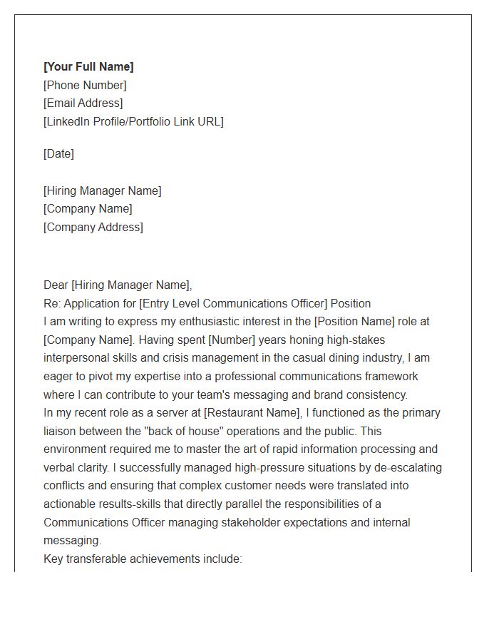 Casual Dining Server To Entry Level Communications Officer Cover Letter Template