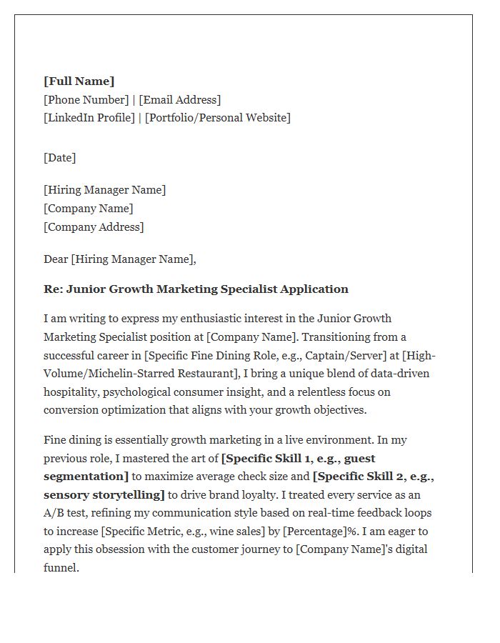 Fine Dining Staff To Junior Growth Marketing Specialist Cover Letter Template
