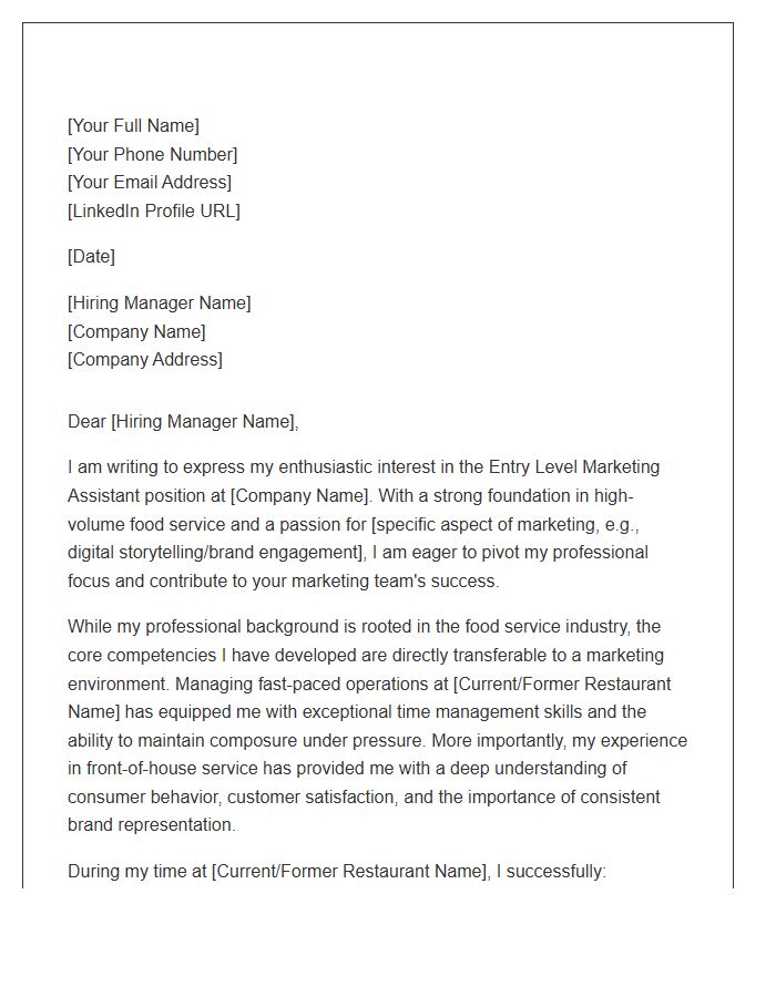 Food Service Experience To Entry Level Marketing Assistant Cover Letter Template