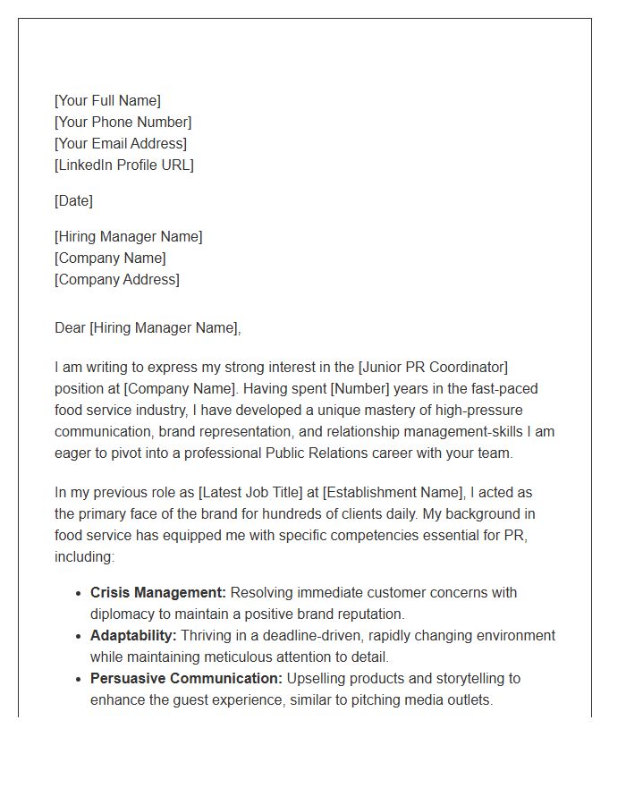 Food Service Professional To Junior PR Coordinator Cover Letter Template