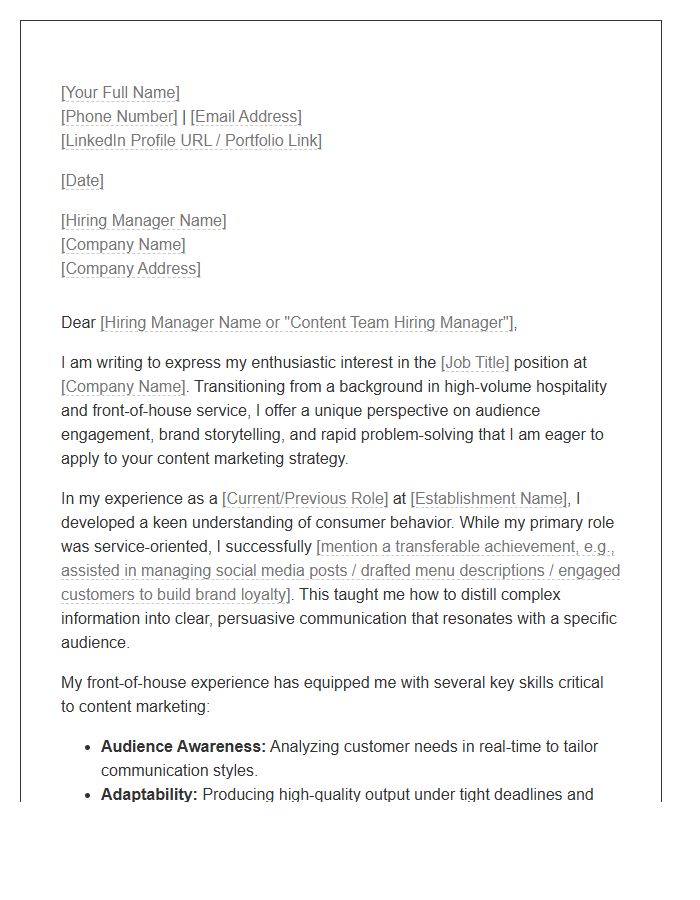 Front Of House Worker To Entry Level Content Marketer Cover Letter Template