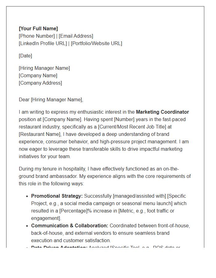 Restaurant Professional Moving Into Marketing Coordinator Role Cover Letter Template