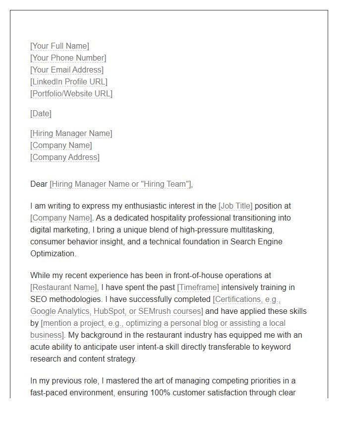 Restaurant Server Pivoting To Entry Level SEO Specialist Cover Letter Template