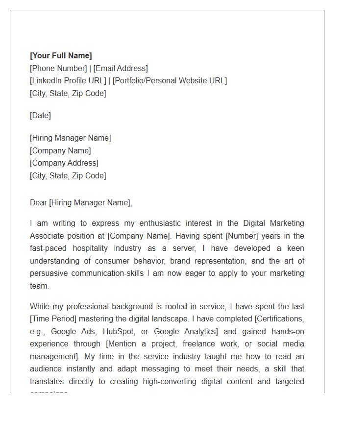 Server Transitioning To Digital Marketing Associate Cover Letter Template