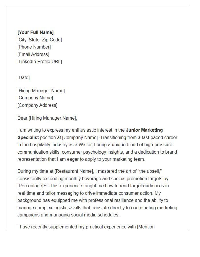 Waiter To Junior Marketing Specialist Cover Letter Template
