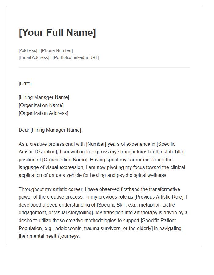 Experienced Creative Artist Moving Into Art Therapy Cover Letter Template