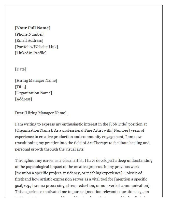 Fine Artist Transitioning To Art Therapy Cover Letter Template