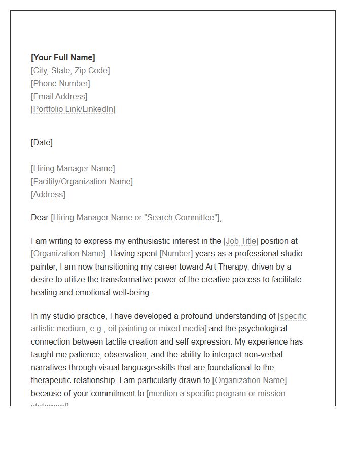 Studio Painter Moving Into Art Therapy Career Cover Letter Template