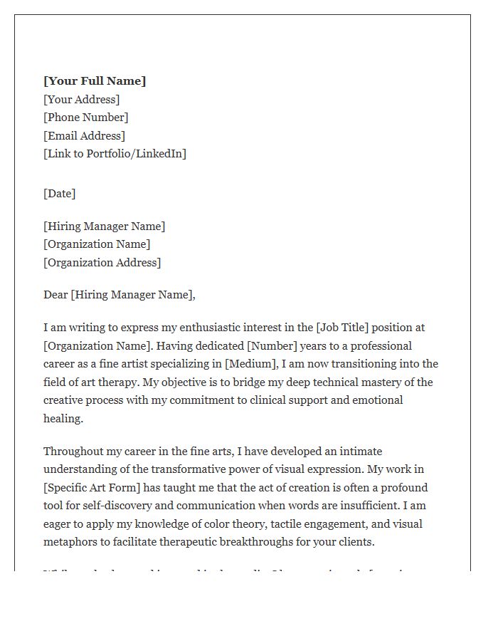 Traditional Fine Artist Career Change To Art Therapy Cover Letter Template