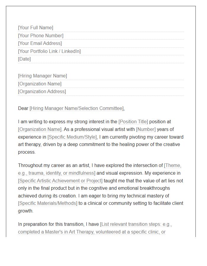 Visual Artist Pivoting To Art Therapy Profession Cover Letter Template