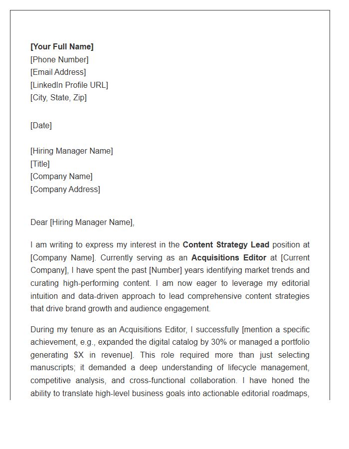 Acquisitions Editor To Content Strategy Lead Cover Letter Template
