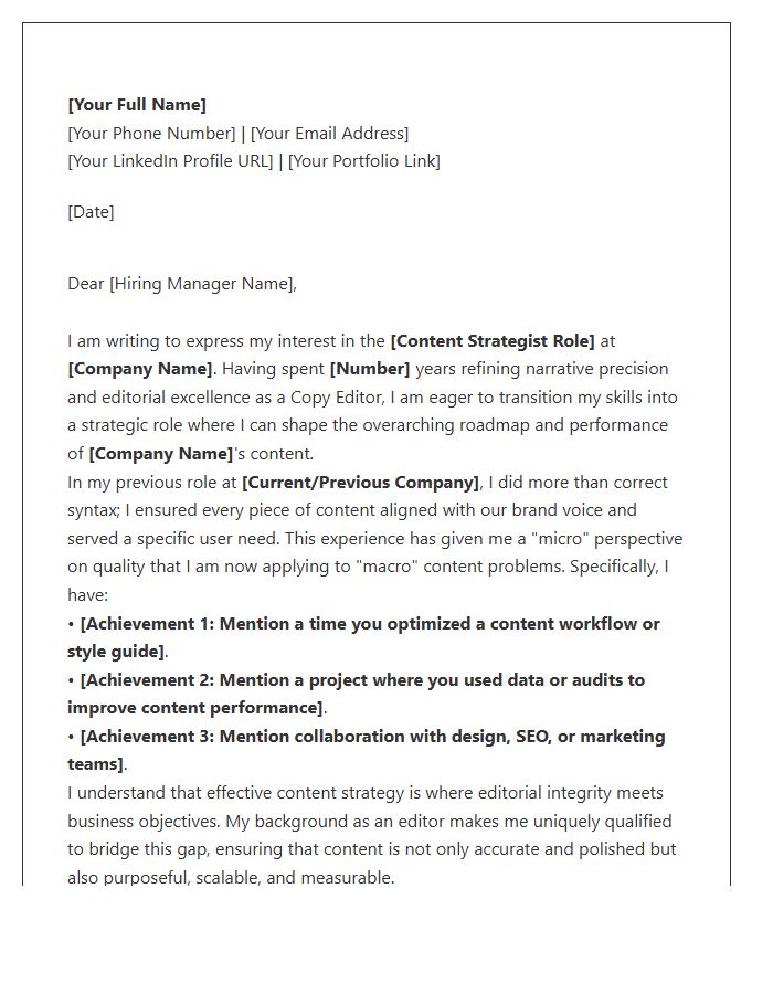 Copy Editor Transitioning To Content Strategy Cover Letter Template