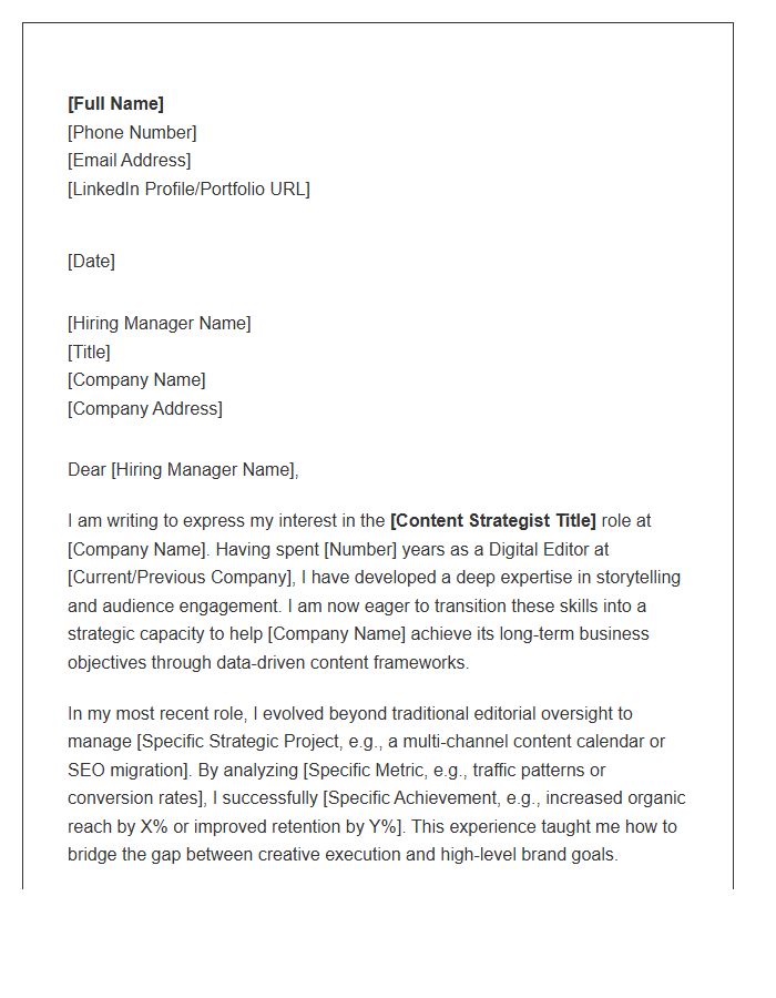 Digital Editor Moving Into Content Strategy Cover Letter Template
