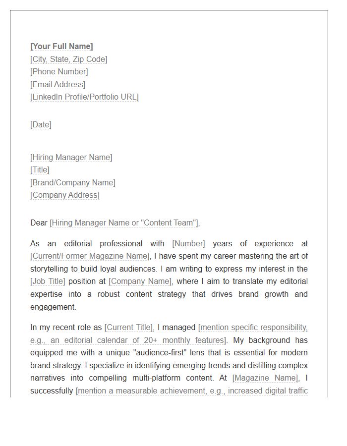 Magazine Editor To Brand Content Strategy Cover Letter Template