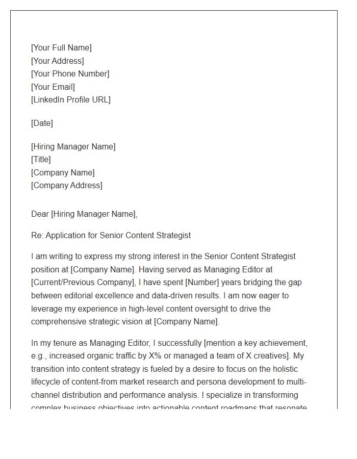 Managing Editor To Senior Content Strategist Cover Letter Template