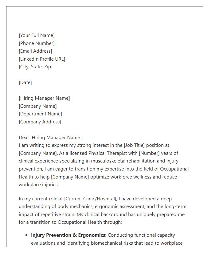 Clinical Physical Therapist Transition To Occupational Health Cover Letter Template