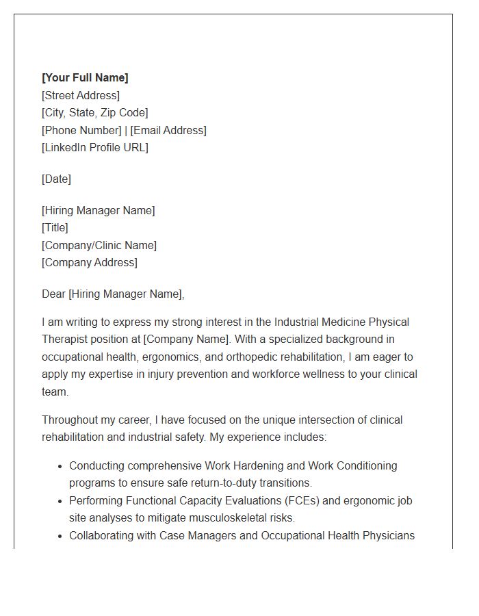 Industrial Medicine Physical Therapist Professional Cover Letter Template
