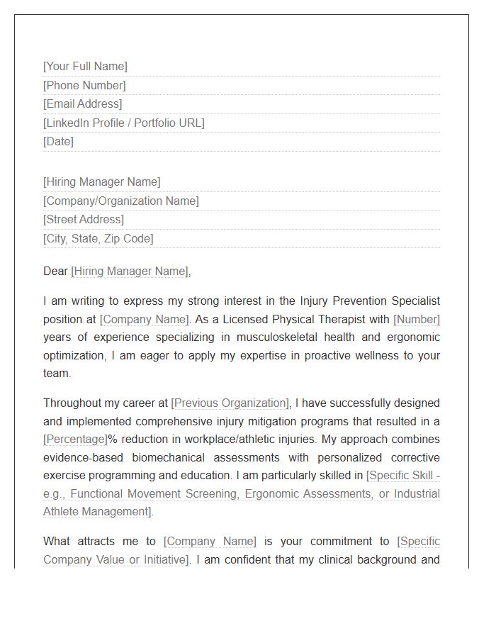 Injury Prevention Specialist Physical Therapist Cover Letter Template
