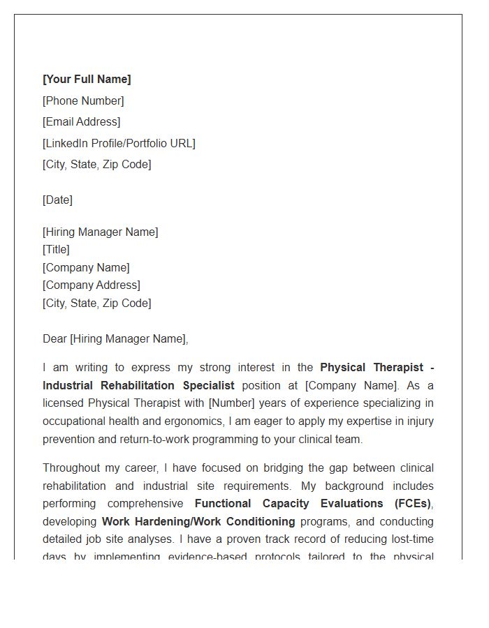 Physical Therapist Industrial Rehabilitation Specialist Cover Letter Template
