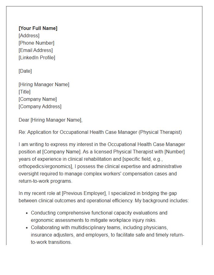 Physical Therapist Occupational Health Case Manager Cover Letter Template
