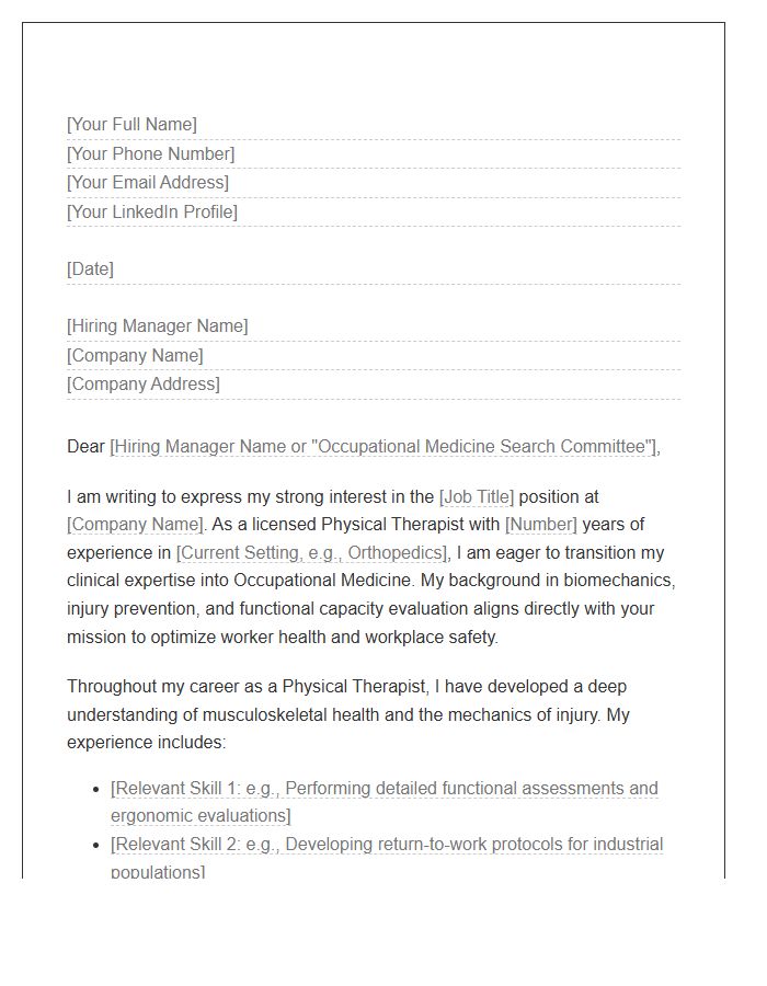 Physical Therapist Switching To Occupational Medicine Cover Letter Template