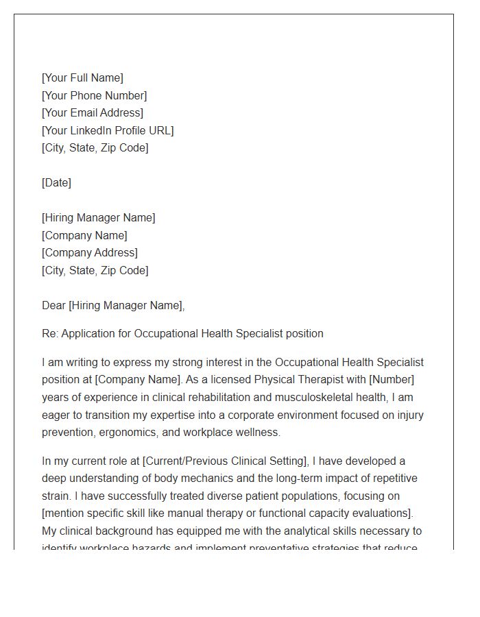 Physical Therapist To Occupational Health Specialist Cover Letter Template