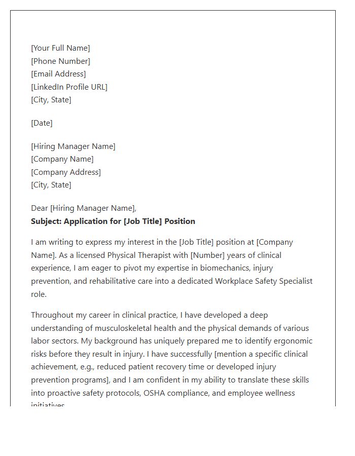 Physical Therapy To Workplace Safety Specialist Cover Letter Template