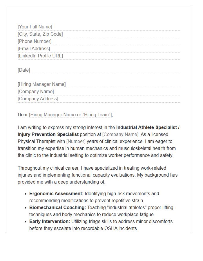 Transitioning Physical Therapist Industrial Athlete Cover Letter Template