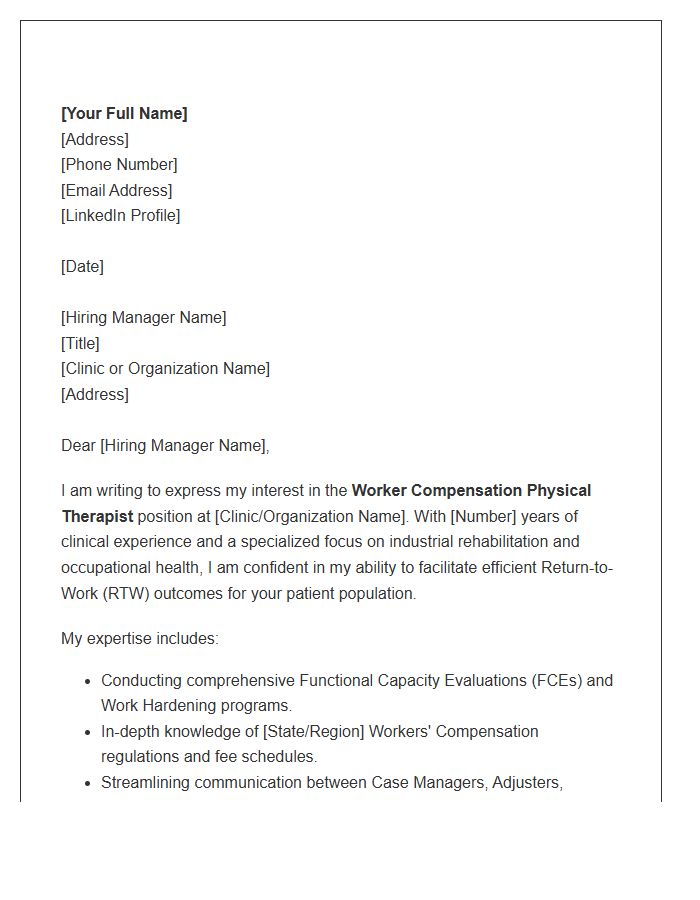 Worker Compensation Physical Therapist Expert Cover Letter Template