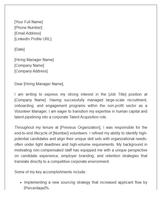 Transitioning Volunteer Manager To Corporate Talent Acquisition Cover Letter Template