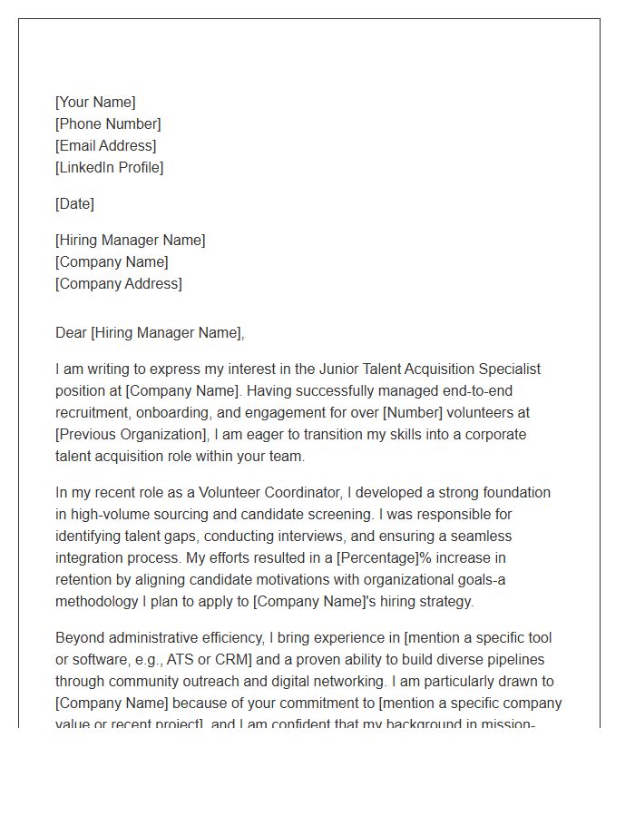 Volunteer Coordinator To Junior Talent Acquisition Specialist Cover Letter Template