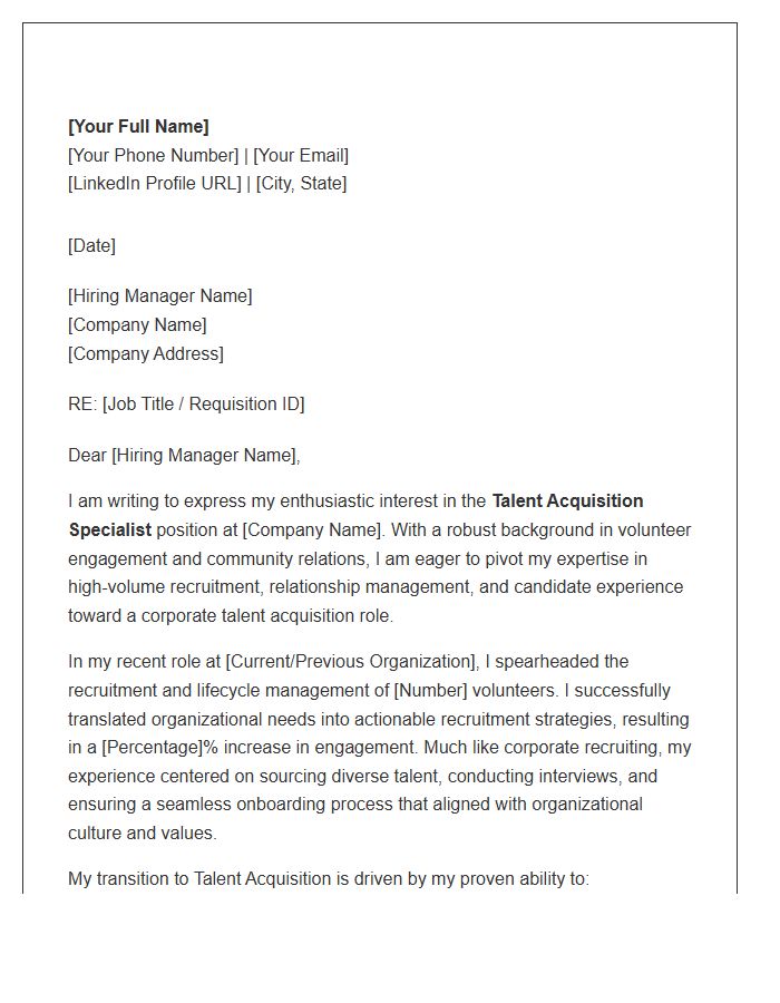 Volunteer Engagement Specialist Transitioning To Talent Acquisition Cover Letter Template