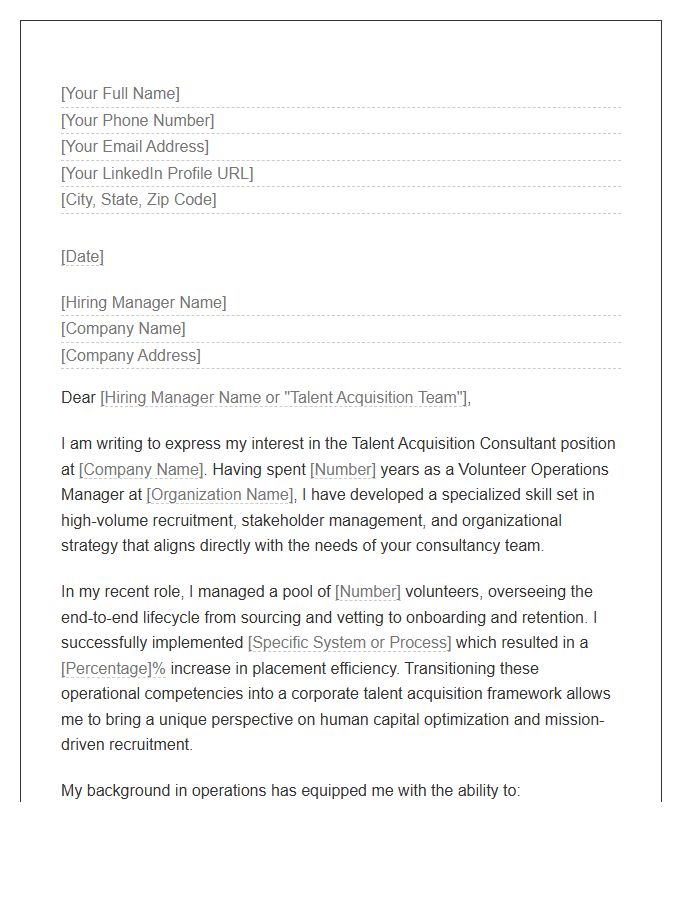 Volunteer Operations Manager To Talent Acquisition Consultant Cover Letter Template