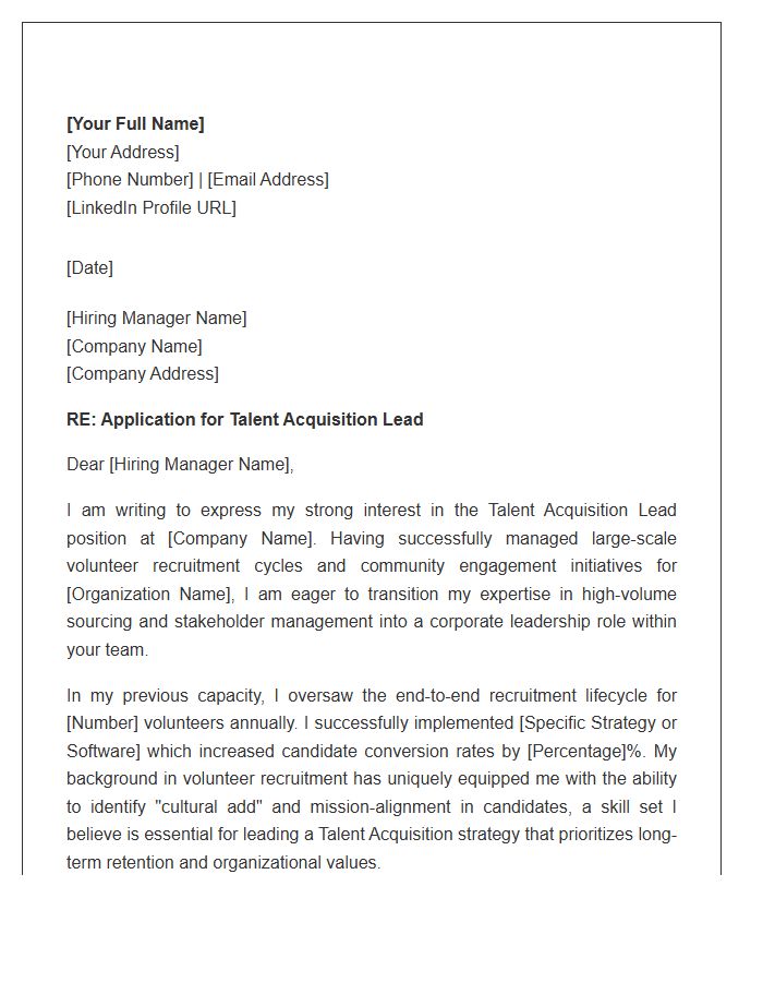 Volunteer Recruitment Background To Talent Acquisition Lead Cover Letter Template