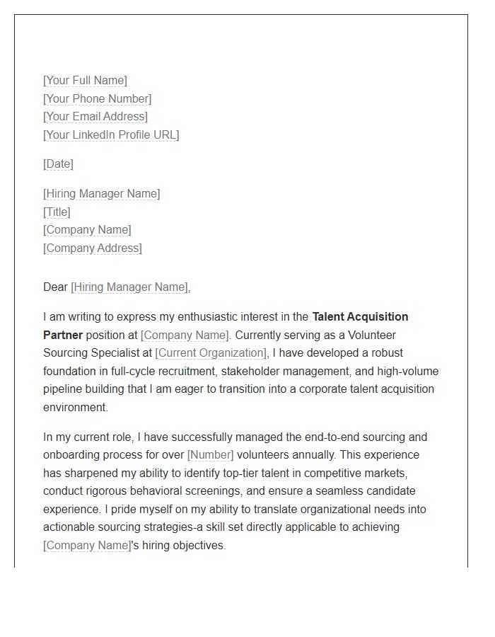 Volunteer Sourcing Specialist To Talent Acquisition Partner Cover Letter Template