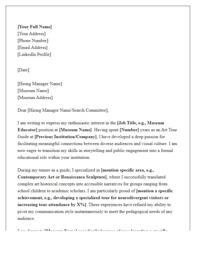 Art Tour Guide Transitioning To Museum Educator Cover Letter Template