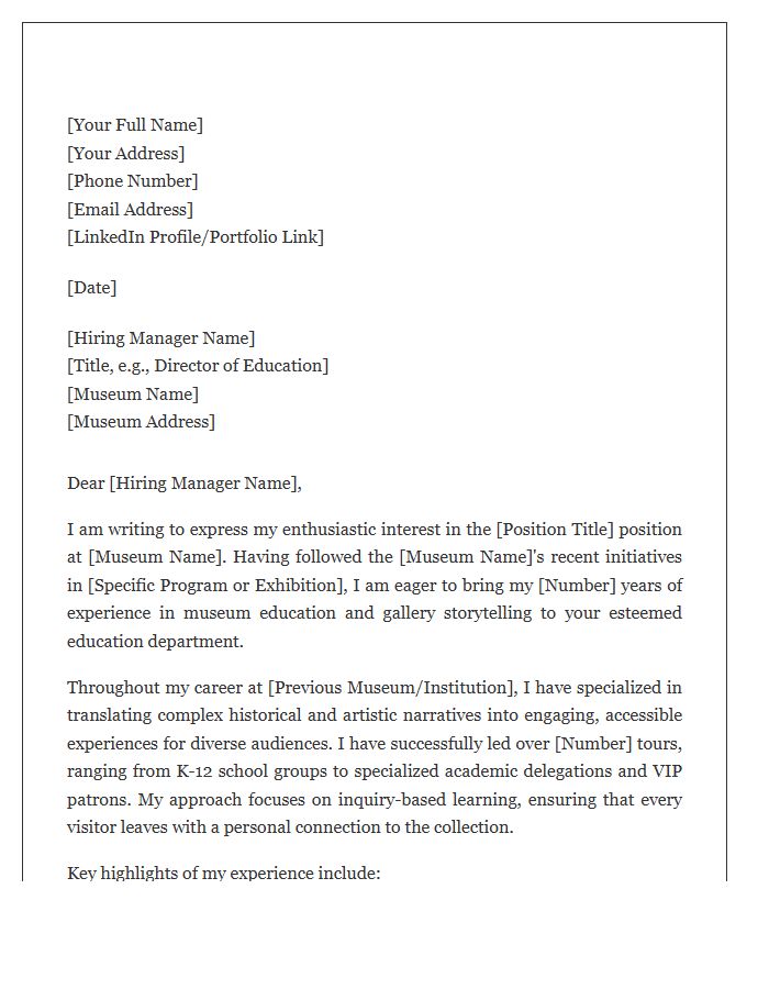 Museum Education Department Cover Letter Template For Experienced Tour Guides