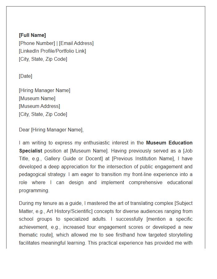 Museum Education Specialist Cover Letter Template For Former Tour Guides