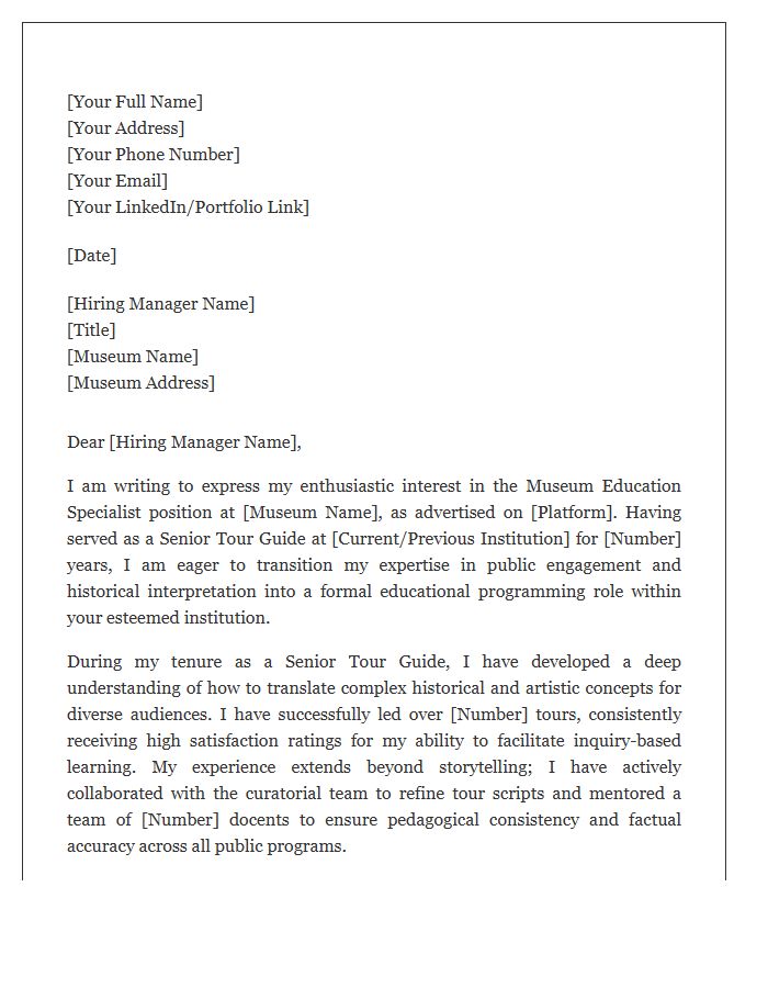 Senior Tour Guide To Museum Education Specialist Cover Letter Template