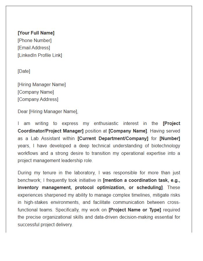 Biotech Lab Assistant Moving To Project Management Cover Letter Template