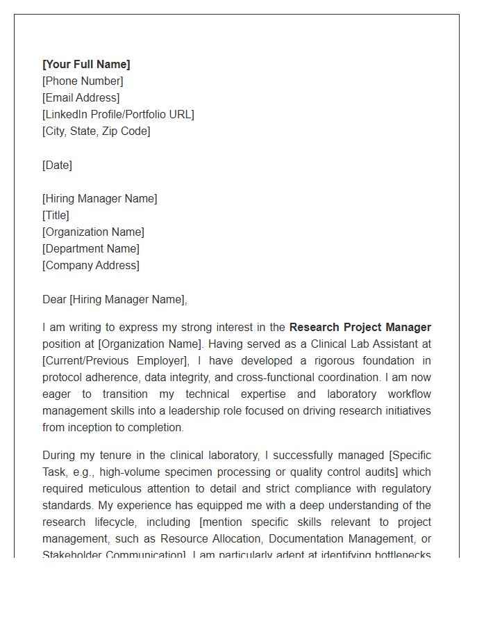 Clinical Lab Assistant To Research Project Manager Cover Letter Template