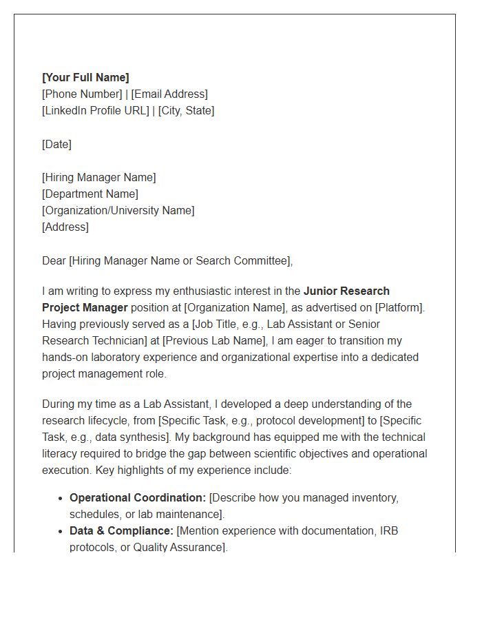 Junior Research Project Manager Cover Letter Template For Former Lab Assistants