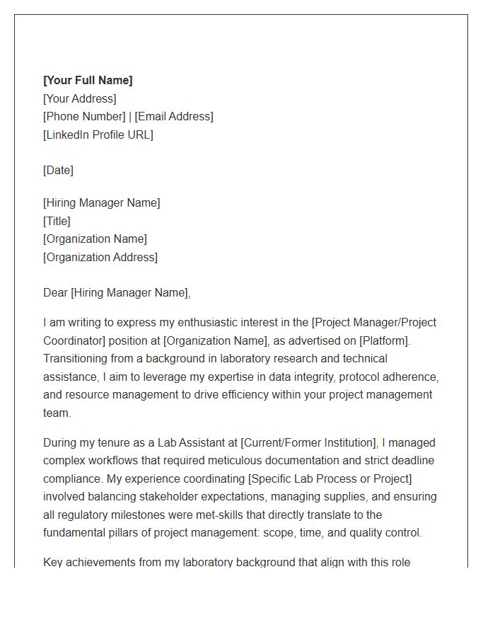 Lab Assistant To Research Project Management Career Change Cover Letter Template