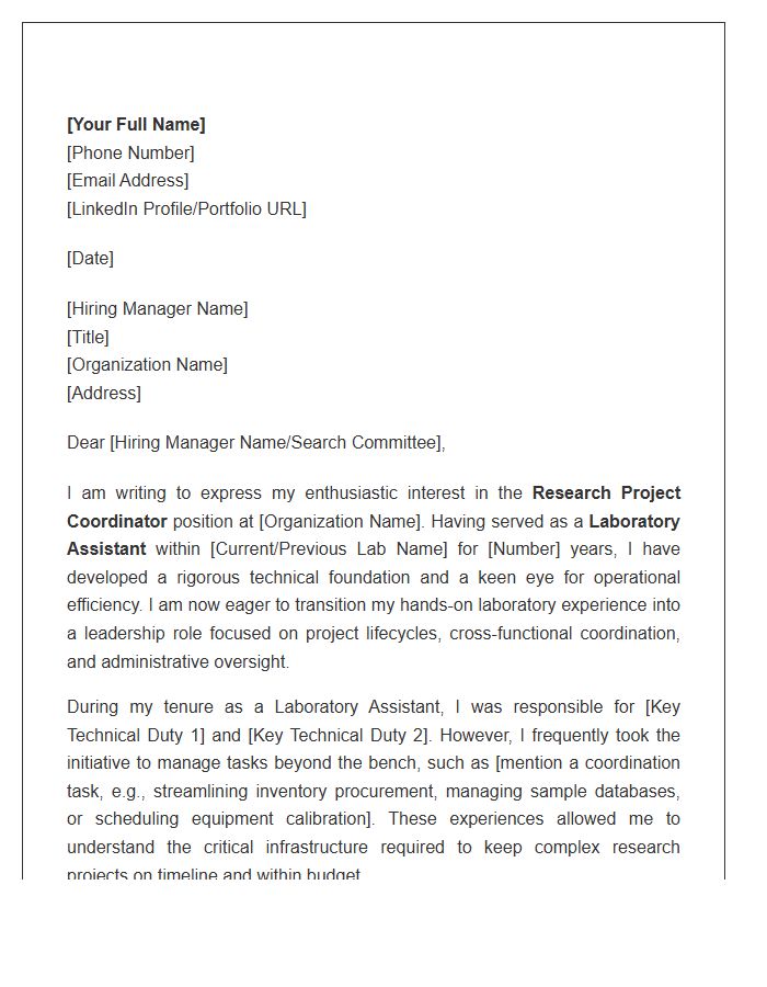 Laboratory Assistant Shifting To Research Project Coordinator Cover Letter Template